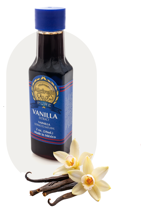 Bottle of Alcirelli Pure Vanilla Extract with vanilla flowers and pods, 100% natural and made in Mexico.