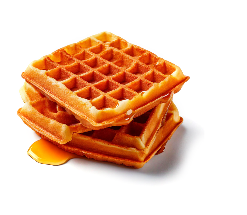 Stack of golden waffles topped with syrup, ideal for recipes using Alcirelli’s natural vanilla extract.
